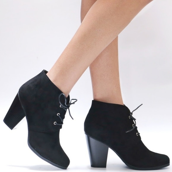 Call it Spring Black Vegan Faux Suede Ankle Boot Lace Up Booties - Picture 2 of 8
